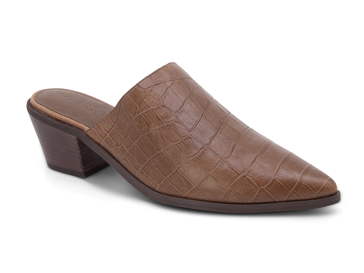 Brown crocodile-patterned leather mule shoe on a white background