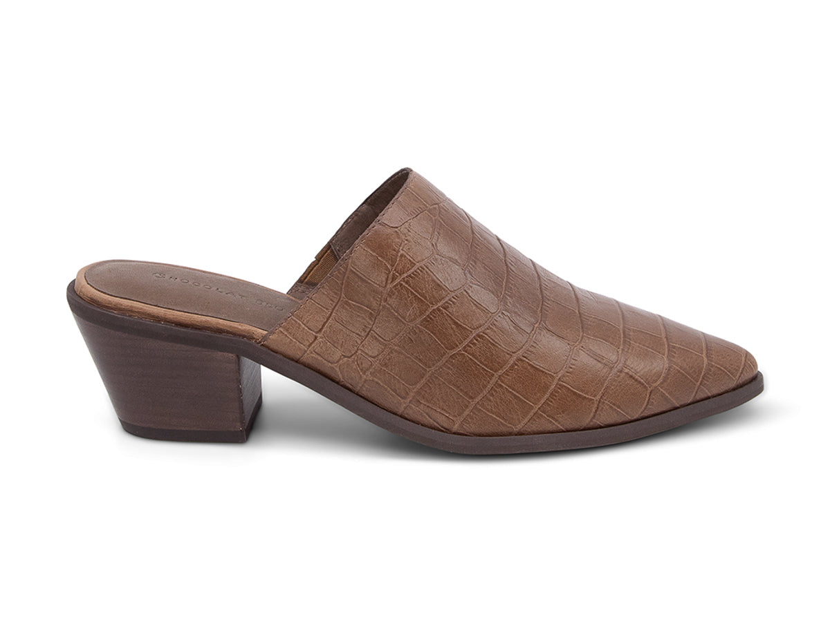 Brown crocodile-patterned shoe on a white background